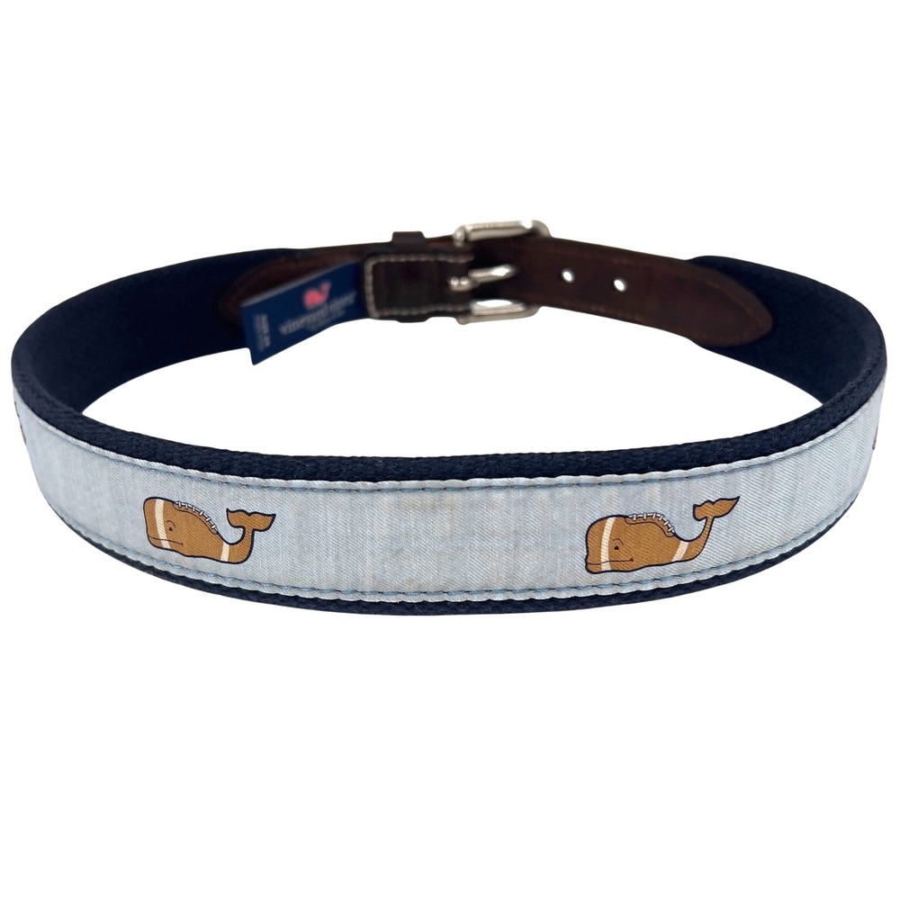 Vineyard Vines Boys 24 Football Whale Ribbon Belt Leather Navy